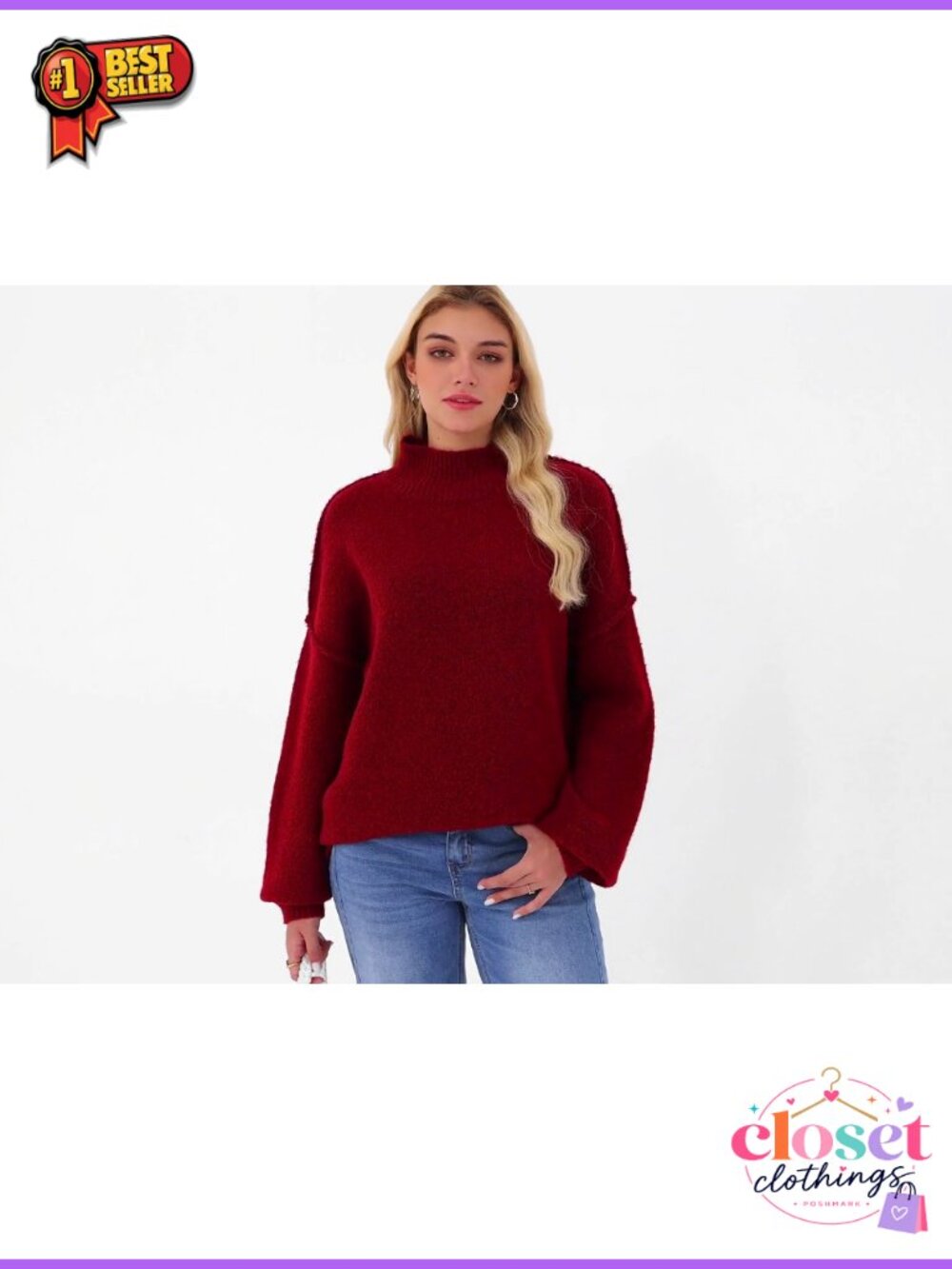 Oversized Chunky Knit Mock Neck Pullover Sweater Long Sleeve - Picture 5 of 6